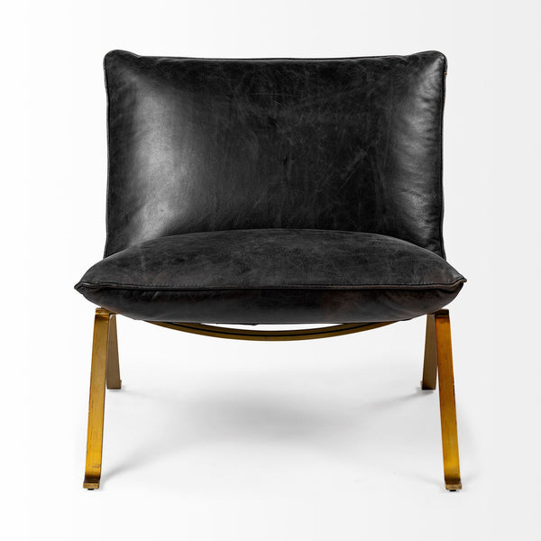 Flavelle II Black Leather Cushion Seat and Solid Iron Base Accent Chair