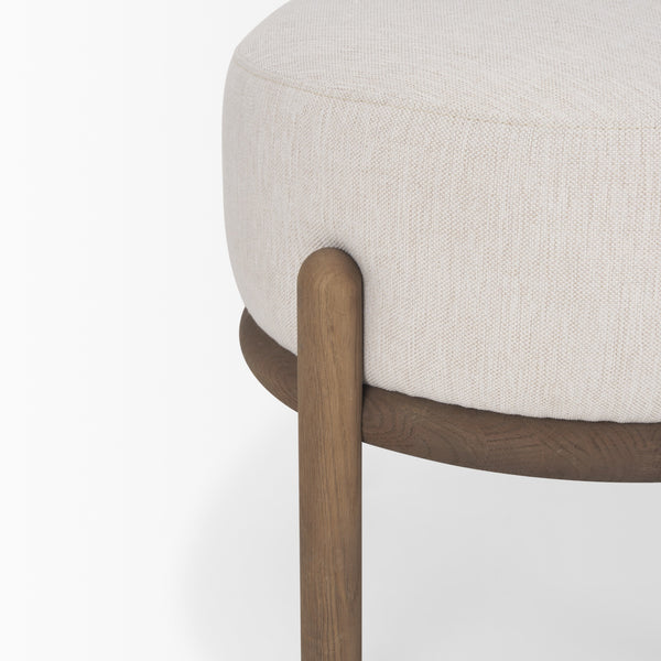 Gwynn Oatmeal Fabric w/ Dark Brown Wood Pouf