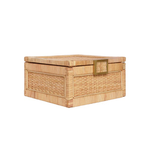 SMALL NATURAL RATTAN DECORATIVE BOX WITH BRASS FOOT CAPS