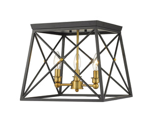 Trestle 3 Light Flush Mount in Matte Black + Olde Brass Finish