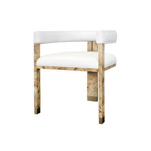MODERN CHAIR IN BURL WOOD WITH WHITE LINEN UPHOLSTERY