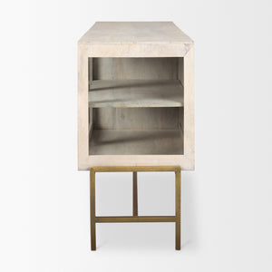 Arelius 70L x 18W x 32H White Wood W/ Gold Metal Base 4 Door Glass Cabinet Sideboard