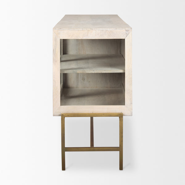 Arelius 70L x 18W x 32H White Wood W/ Gold Metal Base 4 Door Glass Cabinet Sideboard