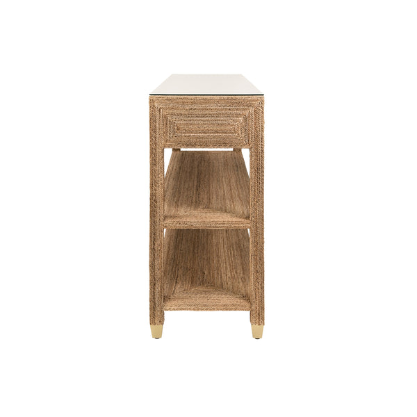 THREE DRAWER CONSOLE WITH SATIN BRASS HARDWARE AND FOOT CAPS IN WRAPPED ROPE