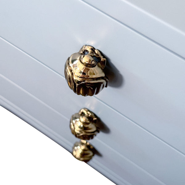 SIX DRAWER ROUNDED EDGE CHEST WITH BRASS BEETLE KNOB IN LIGHT BLUE MATTE LACQUER
