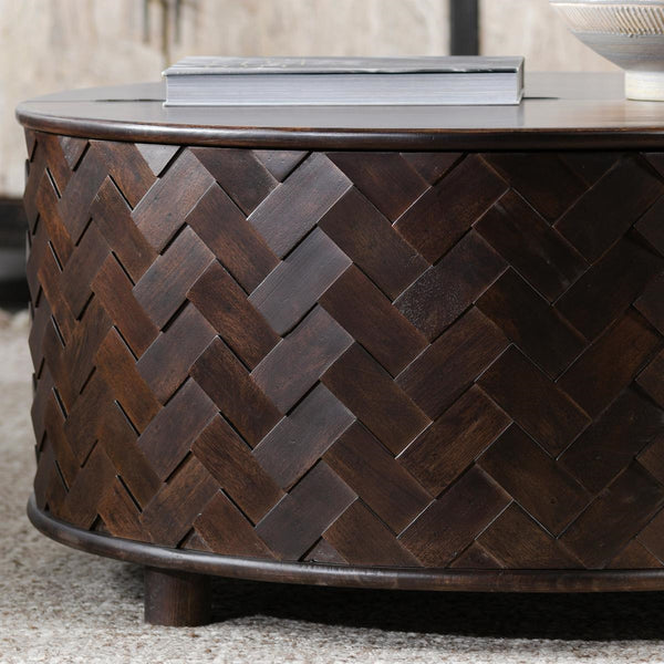 Shira Solid Wood Round Storage Coffee Table in Kona Brown Finish