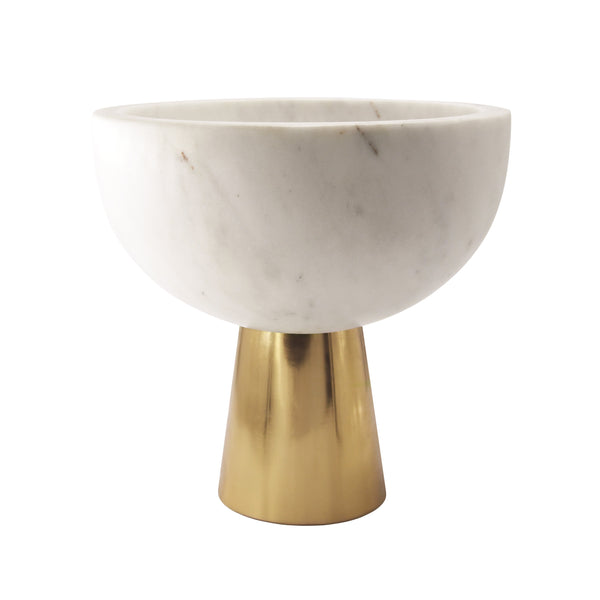 LARGE WHITE MARBLE BOWL WITH BRASS BASE