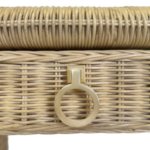 TWO DRAWER WATERFALL EDGE DESK IN WOVEN RATTAN WITH GLASS TOP