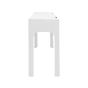 CURVED FRONT CONSOLE WITH THREE DRAWERS IN TEXTURED WHITE LINEN WITH SATIN BRASS RING HARDWARE AND GLASS TOP