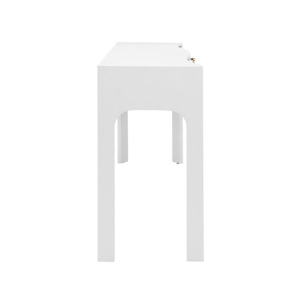 CURVED FRONT CONSOLE WITH THREE DRAWERS IN TEXTURED WHITE LINEN WITH SATIN BRASS RING HARDWARE AND GLASS TOP