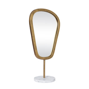 LARGE TABLE TOP MIRROR IN AGED GOLD FINISH ON WHITE MARBLE BASE