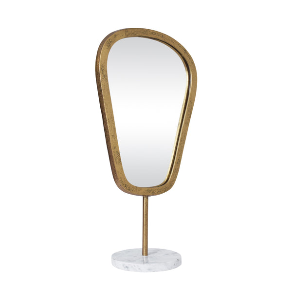 LARGE TABLE TOP MIRROR IN AGED GOLD FINISH ON WHITE MARBLE BASE