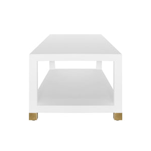 COFFEE TABLE WITH ANTIQUE BRASS FOOT CAPS IN MATTE WHITE LACQUER