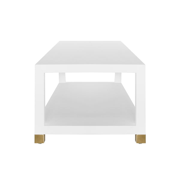 COFFEE TABLE WITH ANTIQUE BRASS FOOT CAPS IN MATTE WHITE LACQUER