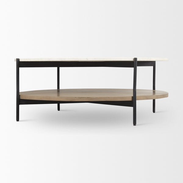 Larkin Marble Top w/ Brown Wood Shelf Round Coffee Table