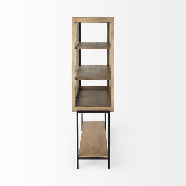 Arelius 36L x 18W x 63H Light Brown Wood W/ Black Metal Base Display Cabinet