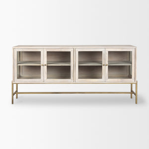 Arelius 70L x 18W x 32H White Wood W/ Gold Metal Base 4 Door Glass Cabinet Sideboard
