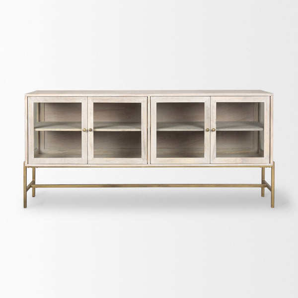 Arelius 70L x 18W x 32H White Wood W/ Gold Metal Base 4 Door Glass Cabinet Sideboard