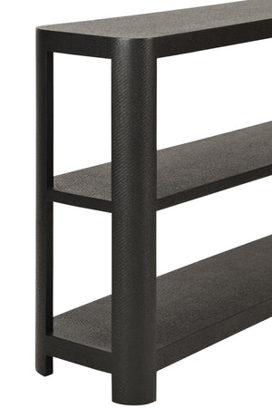 THREE TIER CONSOLE WITH CURVED CORNERS IN BLACK PAINTED GRASSCLOTH