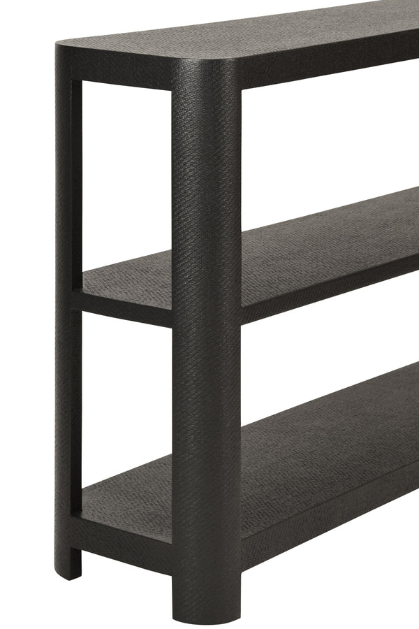 THREE TIER CONSOLE WITH CURVED CORNERS IN BLACK PAINTED GRASSCLOTH