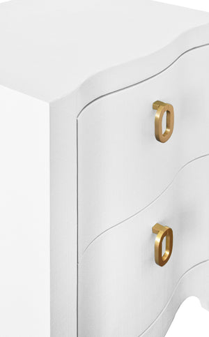 CURVED FRONT SIDE TABLE WITH TWO DRAWERS IN WHITE TEXTURED LINEN WITH SATIN BRASS RING HARDWARE