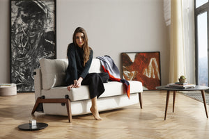 CUBED FULL SOFA BED in MIXED DANCE NATURAL FABRIC WITH Dark Wood LEGS 527