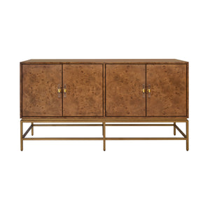 FOUR DOOR BUFFET WITH ANTIQUE BRASS METAL BASE IN DARK BURL WOOD