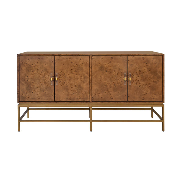 FOUR DOOR BUFFET WITH ANTIQUE BRASS METAL BASE IN DARK BURL WOOD
