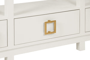 OPEN SHELF CONSOLE WITH THREE BOTTOM DRAWERS AND SQUARE SATIN BRASS HARDWARE IN WHITE TEXTURED LINEN