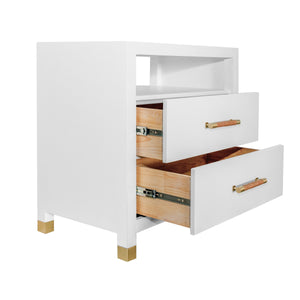 TWO DRAWER SIDE TABLE WITH RATTAN WRAPPED HANDLES IN MATTE WHITE LACQUER