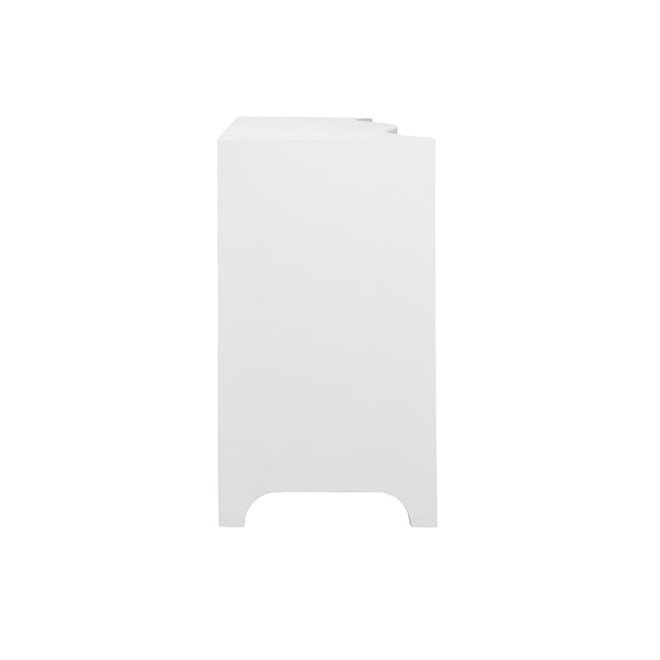 CURVED FRONT TWO DOOR THREE DRAWER BUFFET IN TEXTURED WHITE LINEN WITH SATIN BRASS RING HARDWARE