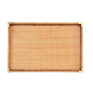 LARGE RECTANGULAR NATURAL RATTAN WRAPPED TRAYS WITH BRASS CORNERS