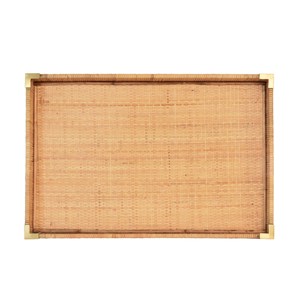 LARGE RECTANGULAR NATURAL RATTAN WRAPPED TRAYS WITH BRASS CORNERS