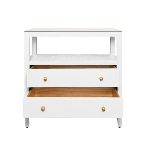 TWO DRAWER SIDE TABLE WITH OPEN TOP SHELF IN TEXTURED WHITE LINEN WITH POLISHED BRASS KNOBS