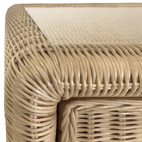 TWO DRAWER WATERFALL EDGE DESK IN WOVEN RATTAN WITH GLASS TOP