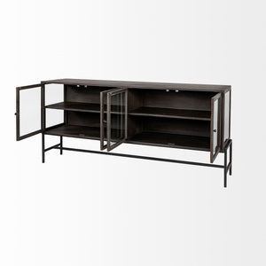 Arelius 70x18 Black-Brown Wood, Black Metal Base w/ 4 Glass Cabinet Doors Sideboard