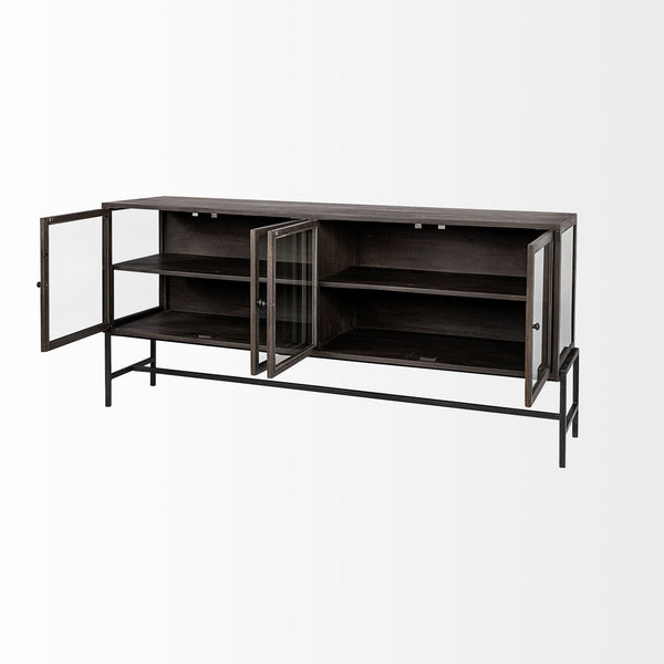 Arelius 70x18 Black-Brown Wood, Black Metal Base w/ 4 Glass Cabinet Doors Sideboard