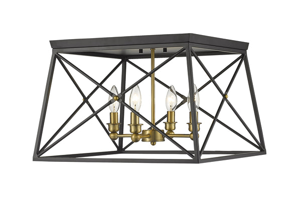 Trestle 4 Light Flush Mount in Matte Black + Olde Brass Finish
