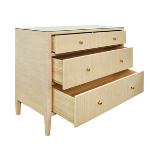 FOUR DRAWER CHEST IN NATURAL GRASSCLOTH WITH GLASS TOP