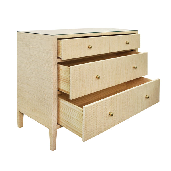 FOUR DRAWER CHEST IN NATURAL GRASSCLOTH WITH GLASS TOP