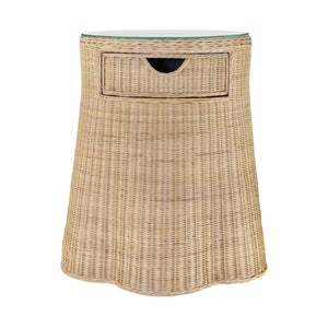 ONE DRAWER ROUND SIDE TABLE WITH FLARED SCALLOPED BASE IN RATTAN WITH GLASS TOP