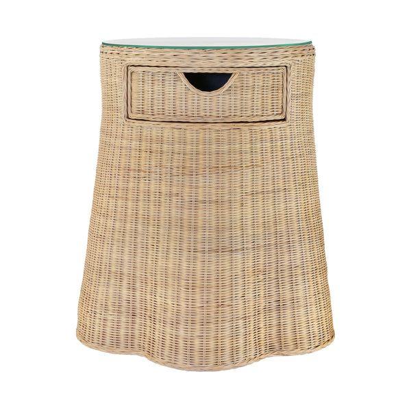 ONE DRAWER ROUND SIDE TABLE WITH FLARED SCALLOPED BASE IN RATTAN WITH GLASS TOP