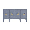 FOUR DOOR BUFFET WITH LARGE BRASS SQUARE HARDWARE IN BLUE DYED GRASSCLOTH
