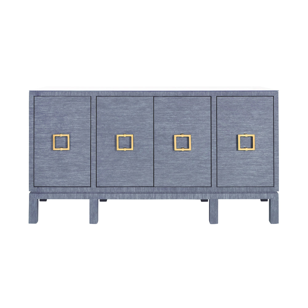 FOUR DOOR BUFFET WITH LARGE BRASS SQUARE HARDWARE IN BLUE DYED GRASSCLOTH