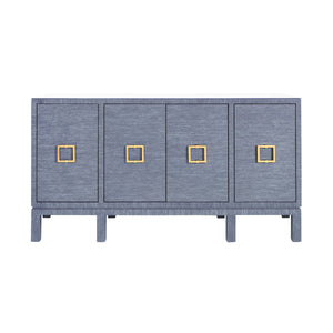 FOUR DOOR BUFFET WITH LARGE BRASS SQUARE HARDWARE IN BLUE DYED GRASSCLOTH