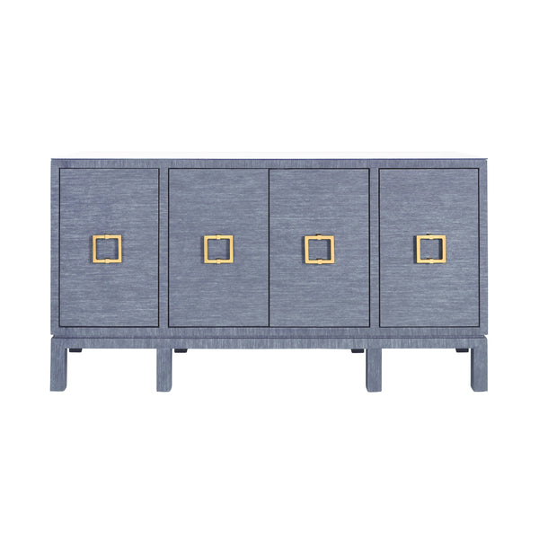 FOUR DOOR BUFFET WITH LARGE BRASS SQUARE HARDWARE IN BLUE DYED GRASSCLOTH