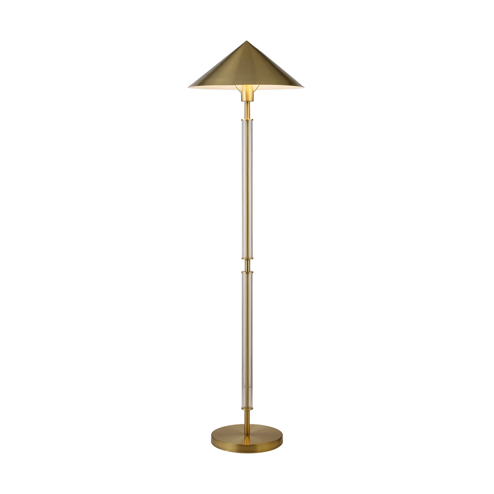 FLOOR LAMP WITH ACRYLIC POLE AND TRIANGULAR METAL SHADE IN BRUSHED BRASS