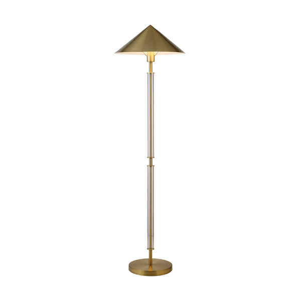 FLOOR LAMP WITH ACRYLIC POLE AND TRIANGULAR METAL SHADE IN BRUSHED BRASS