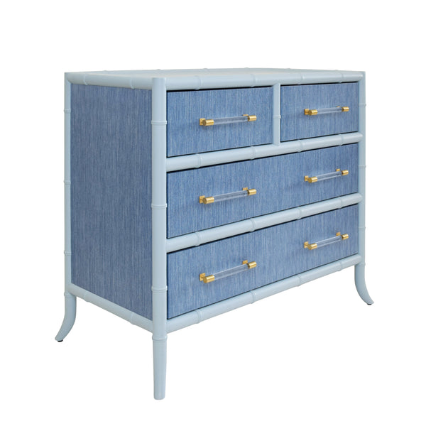FOUR DRAWER CHEST WITH BAMBOO DETAIL IN BLUE DYED GRASSCLOTH AND LIGHT BLUE MATTE LACQUER