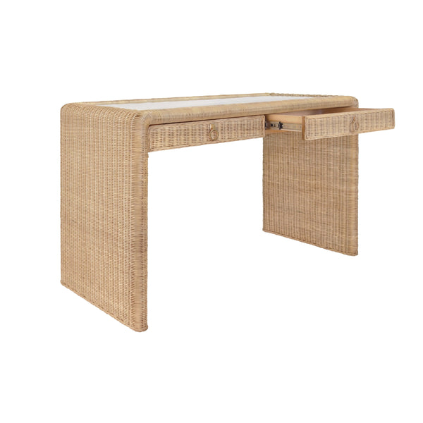 TWO DRAWER WATERFALL EDGE DESK IN WOVEN RATTAN WITH GLASS TOP